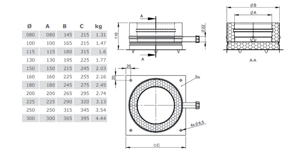 Grundplatte für Sockelmontage mit Kondensatablauf seitlich und 1/2“ Nippel - Tecnovis TEC-DW-Silver