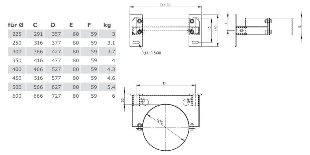 Wandabstandshalter starr 50 mm für Tecnovis TEC-DW-Classic und TEC-DW-Silver