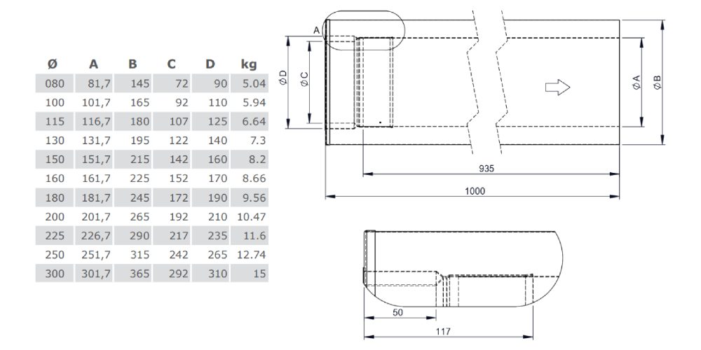 Längenelement 1000 mm mit integriertem Wandfutter kürzbar für TEC-Stahl - doppelwandig - Tecnovis TEC-DW-Silver