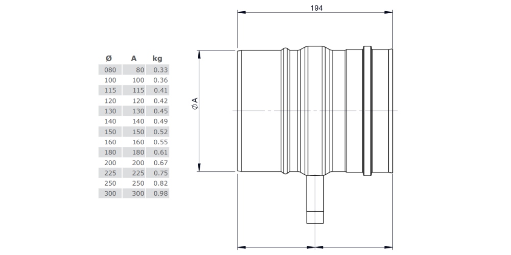 Längenelement 200 mm mit Kondensatfalle für horizontalen Einbau - einwandig - Tecnovis TEC-EW-SILVER