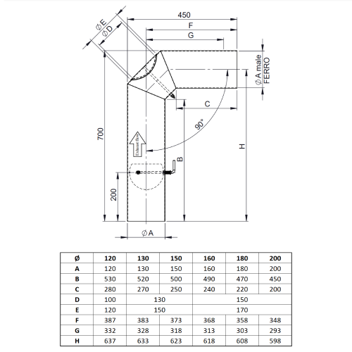 Ofenrohr - Winkelrohr (Schenkellänge 450/700 mm) mit Tür und Klappe gussgrau - Tecnovis TEC-Stahl