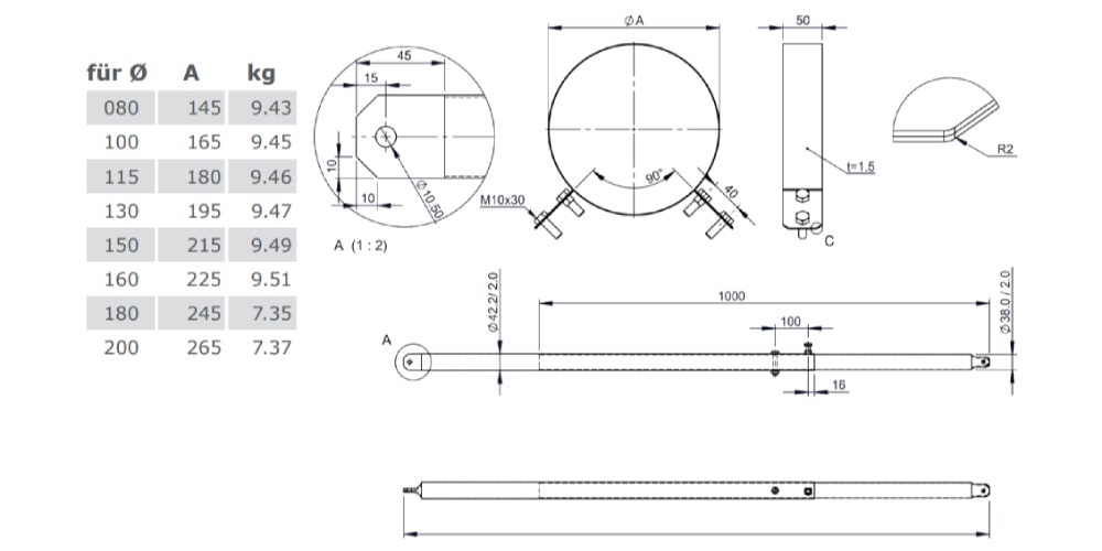 2-Punkt-Abspannung mit Rundrohr verschiedene Längen verstärkt für TEC-DW-Classic und TEC-DW-Silver