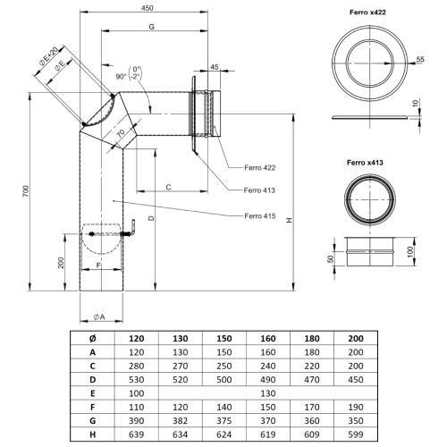 Ofenrohr - Winkelrohr (Schenkellänge 450/700 mm) - Set für Anschluss oben - gussgrau - Tecnovis TEC-Stahl