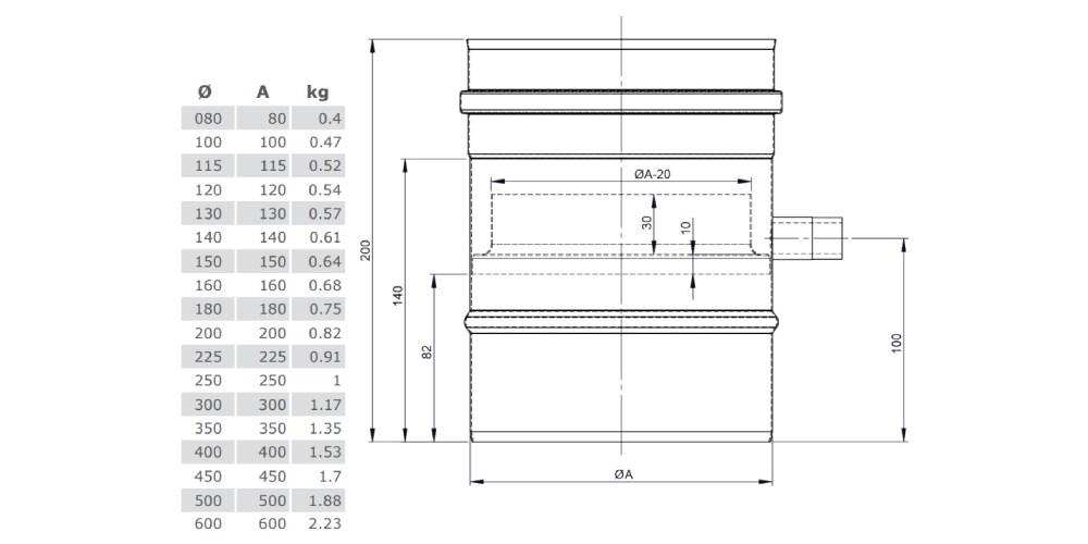 Längenelement 200 mm mit Kondensatfalle für vertikalen Einbau und 1/2“ Nippel - einwandig - Tecnovis TEC-EW-Classic