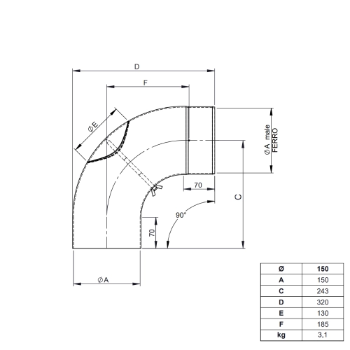 Ofenrohr - Vollformbogen 90° mit Tür - Durchmesser: 150 mm schwarz - Tecnovis TEC-Stahl