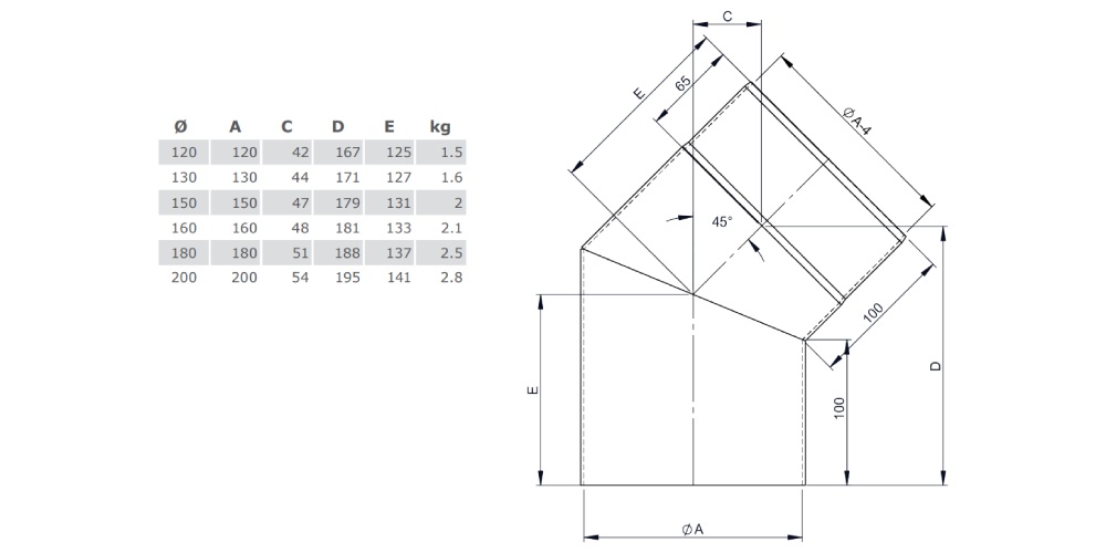 Ofenrohr - Winkel 45° ohne Tür gussgrau - Tecnovis TEC-Stahl