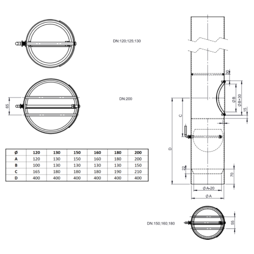 Ofenrohr - Längenelement 1000 mm mit Drosselklappe, Kugelfang, Kondensatring und Tür schwarz  - TEC-Stahl