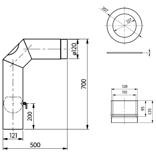 Ofenrohr - Winkelrohr (Schenkellänge 500/700mm) - Anschluss-Set oben 120mm - schwarz - Reuter Ferrum