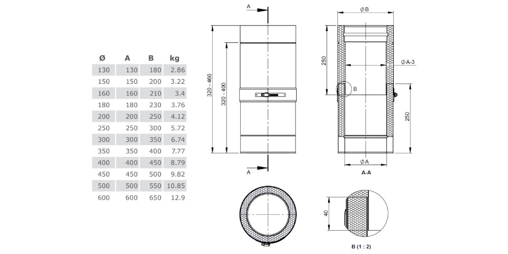 Schiebeelement für Verbindungsleitung 320-460 mm - Tecnovis TEC-DW-Standard