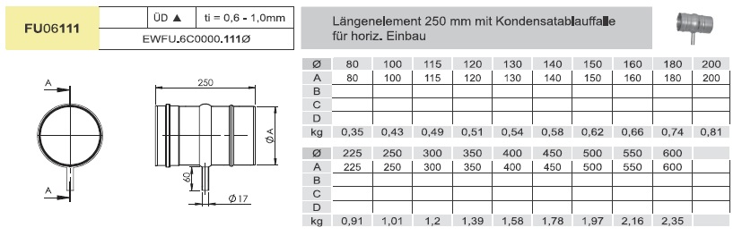 Längenelement 200 mm mit Kondensatfalle für horizontalen Einbau und 1/2“ Nippel - einwandig - Tecnovis TEC-EW-Classic