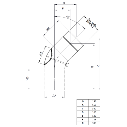 Ofenrohr - Vollformbogen 45° mit Tür - Durchmesser: 150 mm schwarz - Tecnovis TEC-Stahl