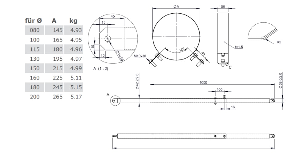 2-Punkt-Abspannung mit Rundrohr verschiedene Längen verstärkt für TEC-DW-Classic und TEC-DW-Silver